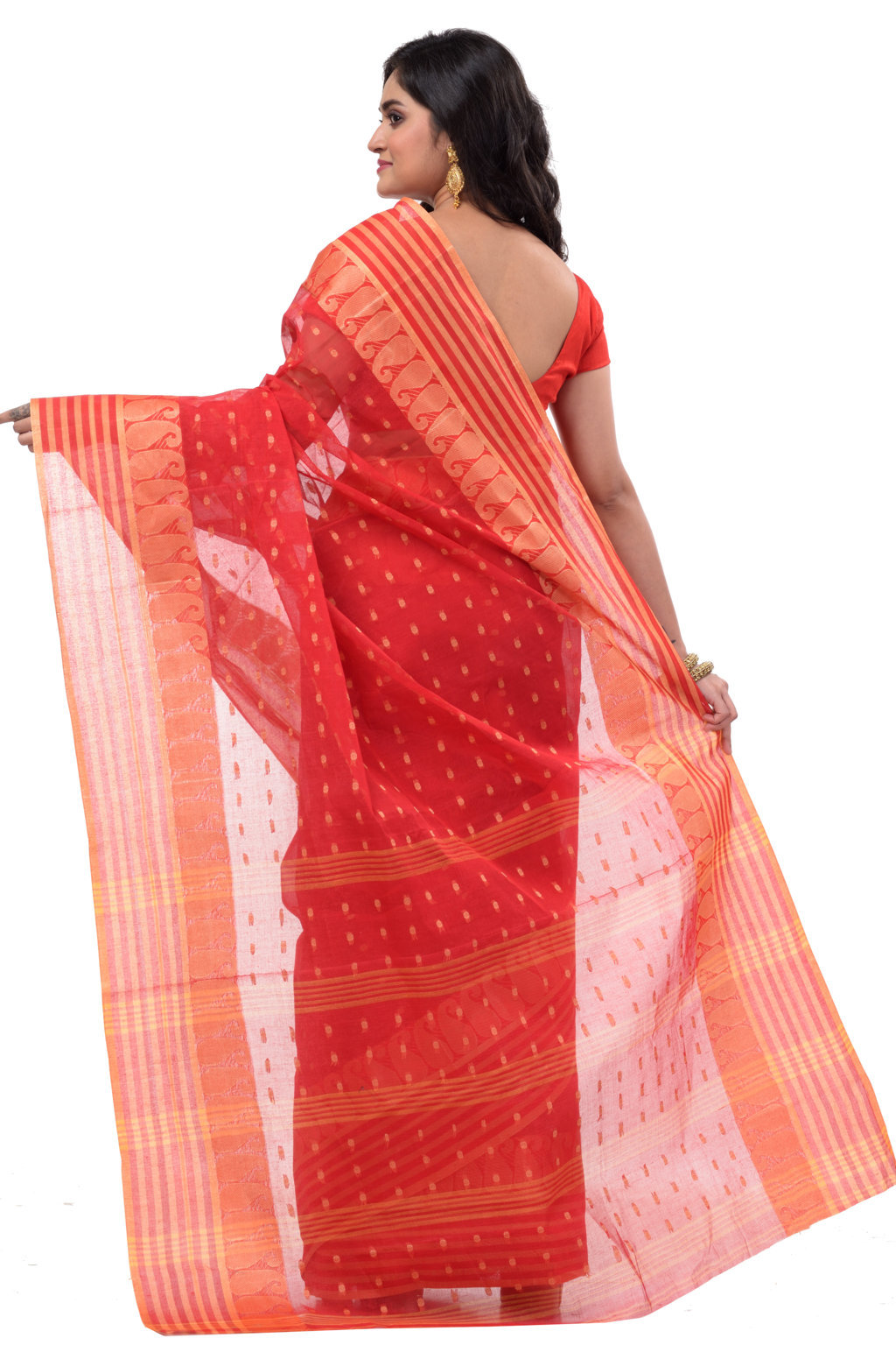 Red Pure Cotton Moti_Buti Tant Saree (745)